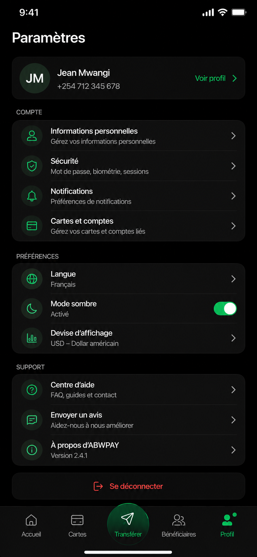 Settings mobile ABWPAY