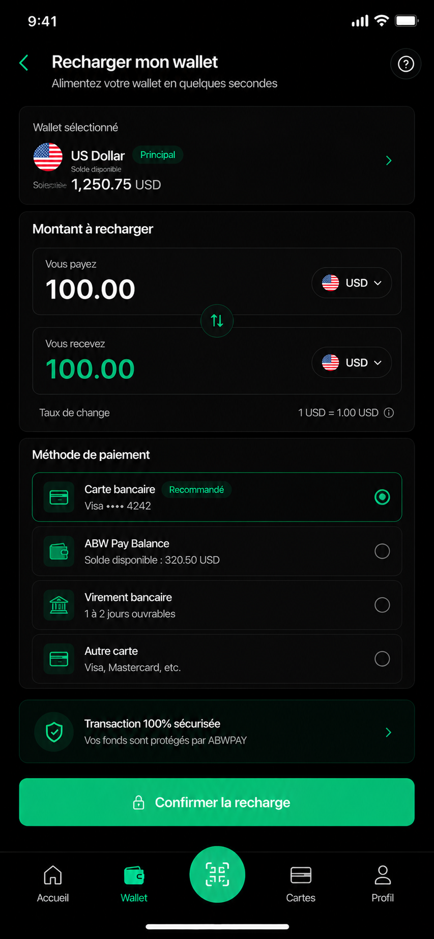 Ecran ABWPAY de recharge wallet via Mobile Money